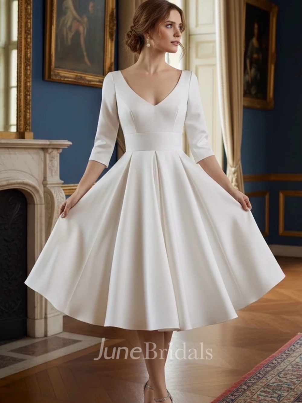 NWT!! Elegant White V-Neck Midi Dress with Three-Quarter Sleeves